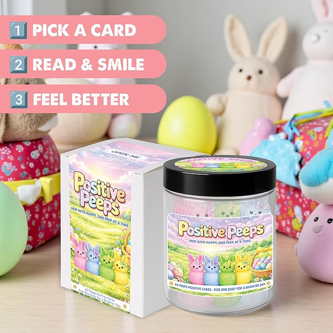 Positive Peeps Jar - 60 Affirmation Cards for Easter Decorations, Easter Gifts For Kids, Women, Teens, Toddlers, Spring Home Decor, Easter Basket Stuffers For Toddler, Kids, Teens