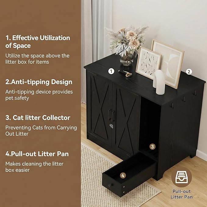 Large/Tall Cat Litter Box Enclosure Furniture, Hidden Self-Cleaning Litter Cabinet with Pull-Out Litter Drawer (Black)