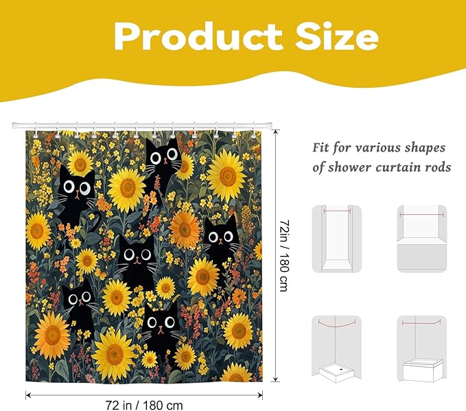 Funny Black Cat Sunflower Shower Curtain for Bathroom, Cute Yellow Floral Botanical Waterproof Polyester Bath Curtains with 12 Hooks,Spring Summer Farmhouse Decor,72 x 72 Inches