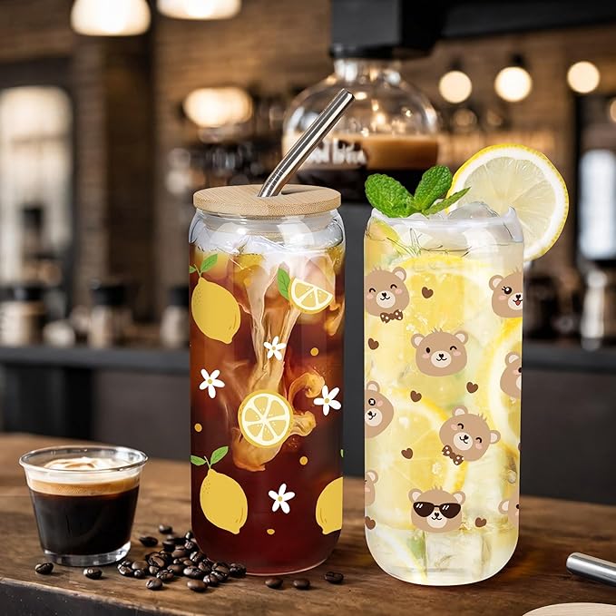 Joeyan Glass Cup with Lid and Straw - 20oz Iced Coffee Cup with Positive Crochet Lemon Doll, Cute Lemon Glass Tumbler for Smoothie Boba Tea, Summer Inspirational Birthday Gifts for Women Her Friend