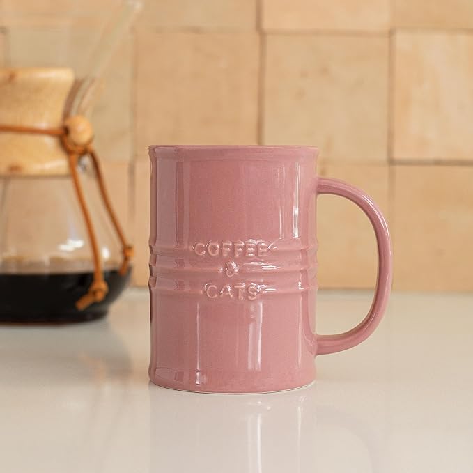 Fringe Studio Stoneware Memento Sculpted Tall Mug "COFFEE & CATS" 3.35"DIA X 4.5"H, 14 fl.oz., Blush Color (436006)
