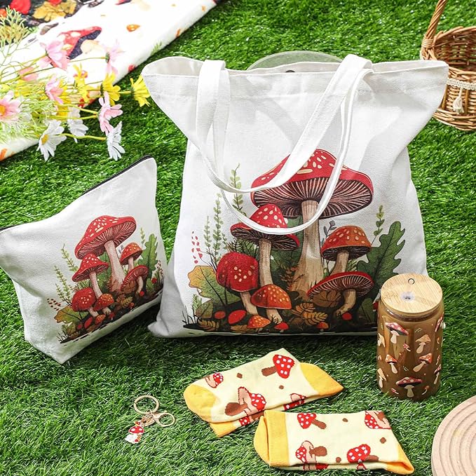 Paterr 6 Pcs Mushroom Themed Gifts for Women Christmas Canvas Tote Bag Makeup Bag Print Blanket Socks 16oz Glass Coffee Cup with Straw Cute Keychain for Christmas Birthday Girls Daughters Sister