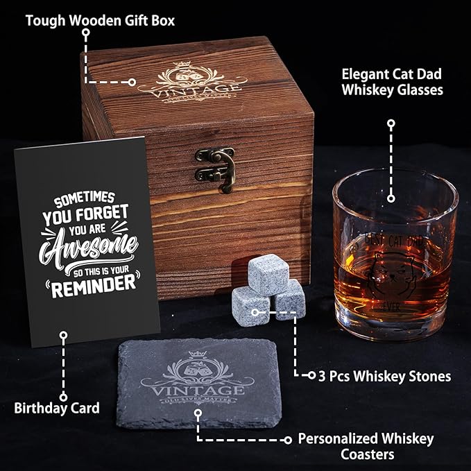 Ithmahco Cat Dad Gifts for Men, Cat Lover Gifts for Men, Funny Whiskey Set for Cats Lovers Man Christmas Birthday, Christmas Cats Themed Whiskey Gift for Man