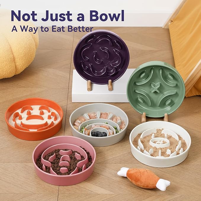 Ceramic Slow Feeder Dog Bowl - Maze Dog Bowl to Slow Down Eating - Feeding Dish for Fast Eaters - Ideal Food Control Dish for Medium to Large Breeds - 8.2 Inch - 1.8 Cups (180g) - Grey