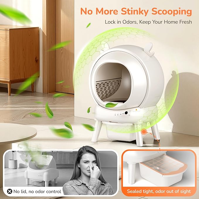 Automatic Self Cleaning Litter Box, Cat Litter Box with APP Control, 65L Globe & Dual Safety Sensors, Robot Litter Box, 1 Roll Garbage Bags and Litter Mat, <35DB, White