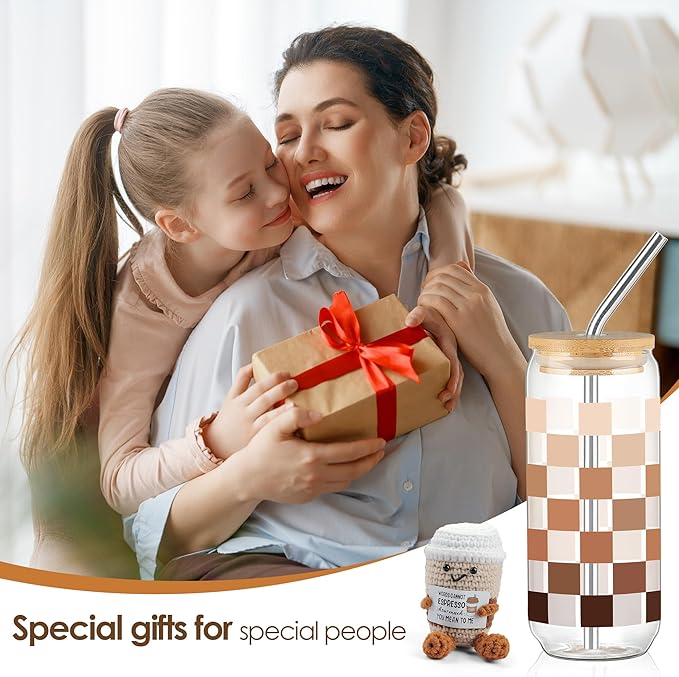 Joeyan Checkered Glass Cups with Lids and Straws - 20oz Iced Coffee Cup with Positive Crochet Mug, Cute Glass Tumbler for Smoothie Boba Tea, Inspirational Coffee Gifts, Birthday Mothers Day Gift