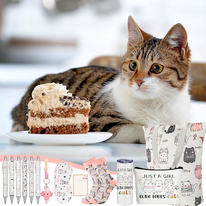 Wonderjune 14 Set Cat Lover Gift Basket, Cat Mom Gifts for Women Birthday Mother's Day Presents for Her Friends Mom Sister Wife Coworkers Daughter Aunt