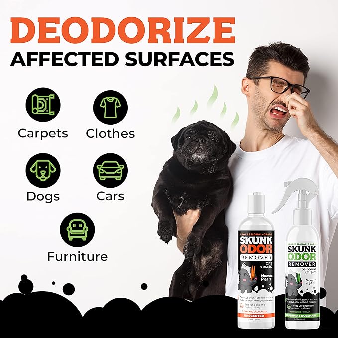 Pets Skunk Odor Remover System w/Activated Charcoal | Ultimate Dual-Action System for Dogs & Cats | Skunk Shampoo & Spray Smell Eliminator | Vet-Approved Cleansing for Dogs, Cats & Home