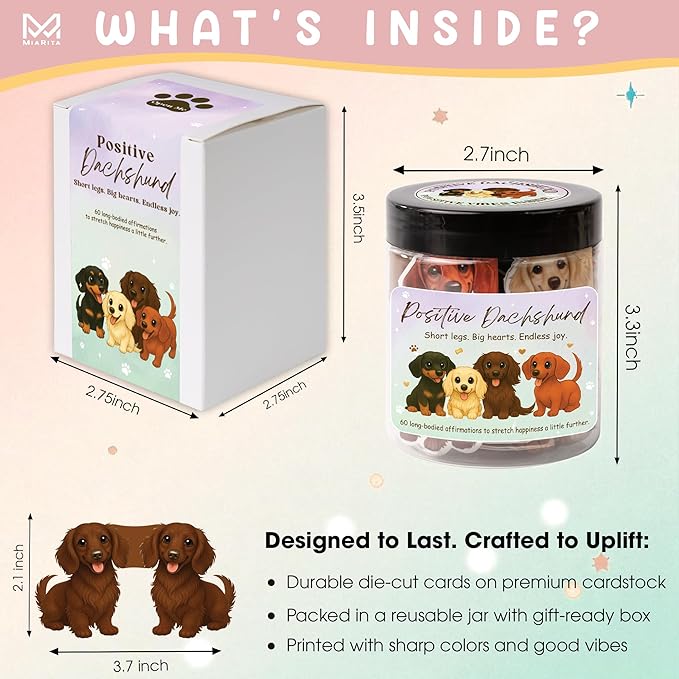 Miarita Positive Dachshund Jar – 60 Affirmation Cards for Anxiety & Self Care, Dachshund Gifts For Women, Dog Mom Gifts For Women, Weiner Dog Gift
