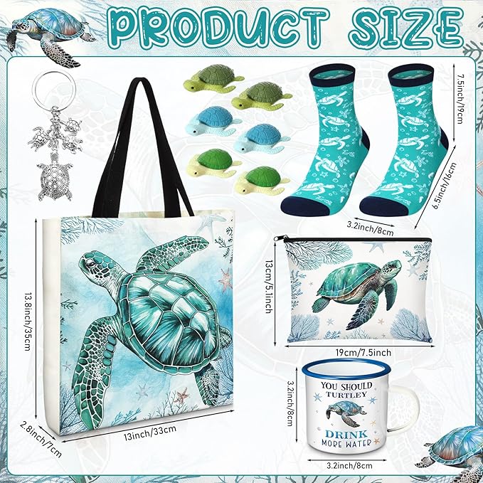 Sea Turtle Lover Gifts for Women Birthday Gifts Baskets Set Include Canvas Tote Bag, Makeup Bag, Socks, Keychain, Enamel Mug, Small Figurines for Mom, Wife, Sister, Friend