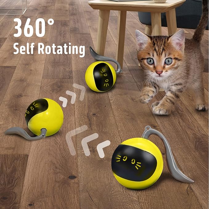FOFOS Cat Toys 360°Self Rolling Ball Toy Interactive Toys Cat Wand Teaser Toys USB Charging Hunting Exercise Toys Indoor Gifts for Kitten/Puppy/Small Dogs (Yellow)