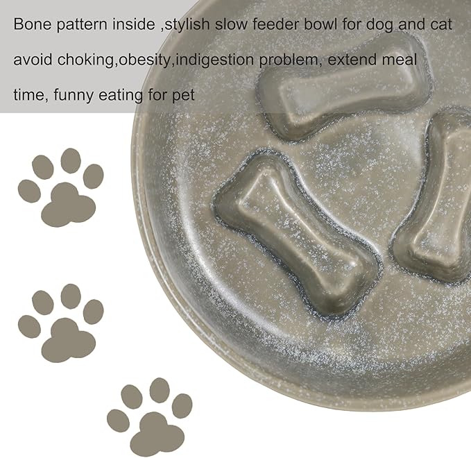 Ceramic Slow Feeder Cat Bowls 6 Inch Cute Bone Slow Feeding Dog Food Bowl,Whisker-Friendly, Anti-Vomiting Feeder for Cats and Small Dogs Non Slip Dishwasher/Microwave Safe (Grey)