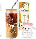 Joeyan Bride To Be Glass Cup with Lid and Straw - Iced Coffee Cups with Positive Crochet Bunny, Bridal Shower Gift, Wedding Themed Glass Tumbler for Smoothie Boba Tea, Engagement Gifts for Future Mrs