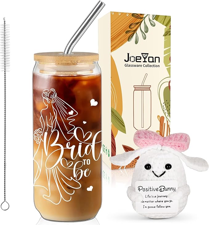 Joeyan Bride To Be Glass Cup with Lid and Straw - Iced Coffee Cups with Positive Crochet Bunny, Bridal Shower Gift, Wedding Themed Glass Tumbler for Smoothie Boba Tea, Engagement Gifts for Future Mrs
