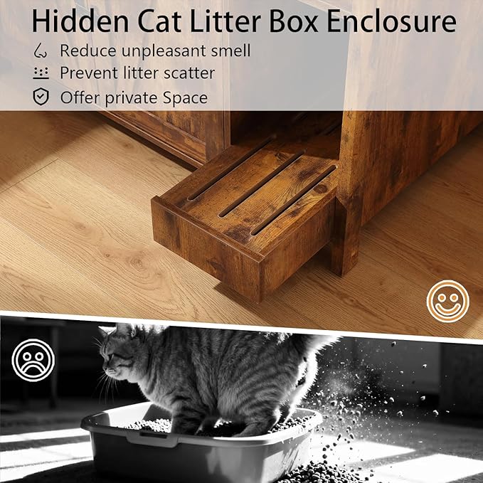 Litter Enclosure with Litter Collector, Litter Cabinet with Dog-Proof Adjustable Shelf, for Placing Cat Robot 3/4, Power Outlet(Rustic Brown)