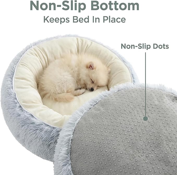 Calming Donut Dog Bed Cat Bed, Fluffy Long Fur Outer & Short Fur Inner, Sweat-Free Cozy Cuddler, Non-Slip Bottom,for Small Medium Dogs Cats Puppy Kitten (Donut Bed - Grey, Medium 19.7 Inches)