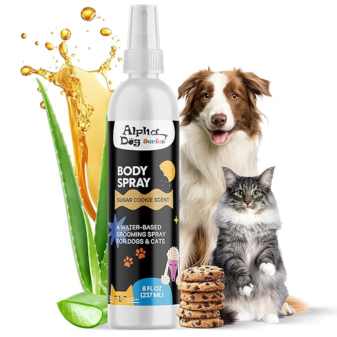 Alpha Dog Series Grooming Body Spray for Dogs & Cats – Long-Lasting Fragrance Deodorizing Mist with Aloe, Odor Eliminator, Alcohol-Free & Non-Toxic Pet Cologne - 8 fl. oz. (Sugar Cookie)