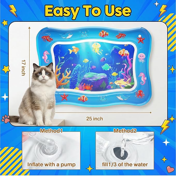 Cat Water Mat - Interactive Cat Toys Upgraded Thickened 0.7mm PVC Cooling & Heating Water Bed with Floating Fish, Anti-Scratch Leak Proof Foldable Water Sensor Play Mat for Cats