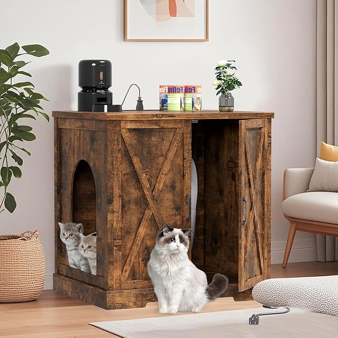 Heybly Litter Box Enclosure,Large Robot Cabinet with Charging Station,Wooden Cat Litter Box Enclosure Furniture for Self-Cleaning Robot 3 & 4,Hidden for Smart Litter Box Size, Rustic Brown HCLB004SR