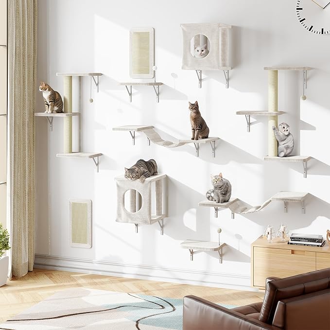 10 Pcs Cat Wall Shelves Set, Wall-Mounted Climber with Cat House, Scratching Post, Bridge, Hammock, Space-Saving Play Furniture, Beige