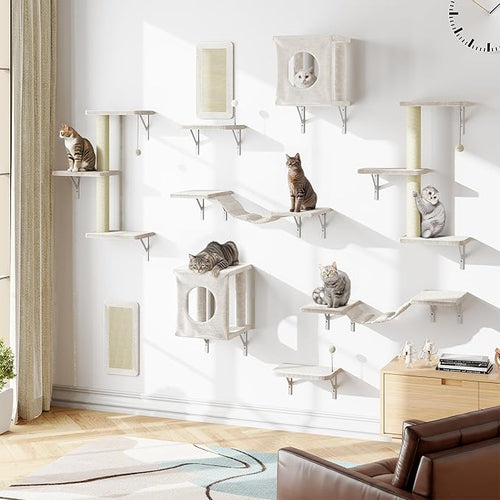 10 Pcs Cat Wall Shelves Set, Wall-Mounted Climber with Cat House, Scratching Post, Bridge, Hammock, Space-Saving Play Furniture, Beige