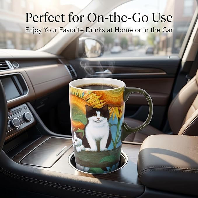 Topadorn Coffee Ceramic Mug 17oz Porcelain Latte Tea Cup With Lid, Perfect for Coffee and Tea, Holiday Gift Her Him, Cat