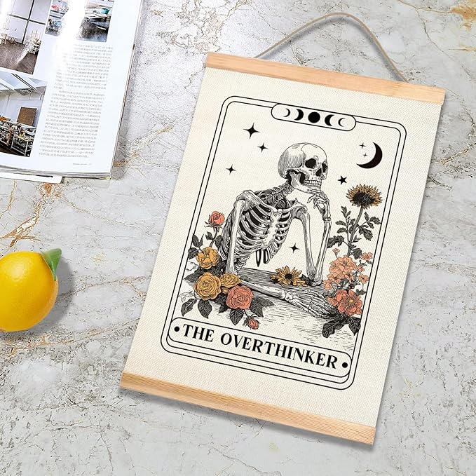 HEYJEEPER The Overthinker Tarot Card Wall Art,Skeleton and Floral for Witch Room Decor,Humorous Wall Hanging Linen Print Poster for Bedroom,Library, Study room 14x18inch(The Overthinker)