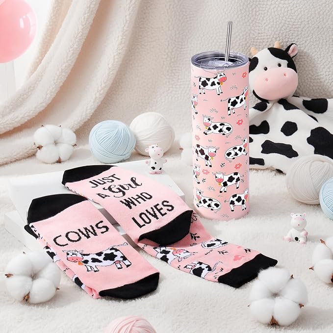 Funnymoom 2 Pack Cute Cow Gifts Set Skinny Tumbler 20 oz Travel Coffee Mug Novelty Cute Animals Socks, Christmas Birthday Party Gifts for Cow Themed