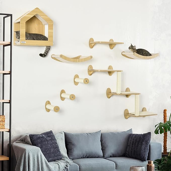 PawHut 8Pcs Wall Mounted Cat Tree Cat Shelf Set, Wall Furniture with Cat Hammocks, Condo, Perches, Steps, Modern Cat Tree for Indoor Cats