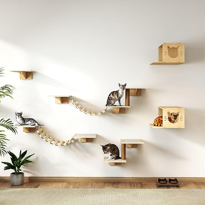 COZIWOW Cat Wall Shelves, 8-In-1 Cat Wall Furniture Set, Wood Large Cat Shelves for Wall with Scratching Post, Indoor Cat Climbing Wall Activity Center for Climb, Play, Rest, and Scratch, Natural Wood