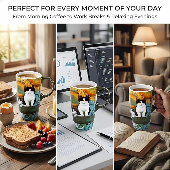 Topadorn Coffee Ceramic Mug 17oz Porcelain Latte Tea Cup With Lid, Perfect for Coffee and Tea, Holiday Gift Her Him, Cat