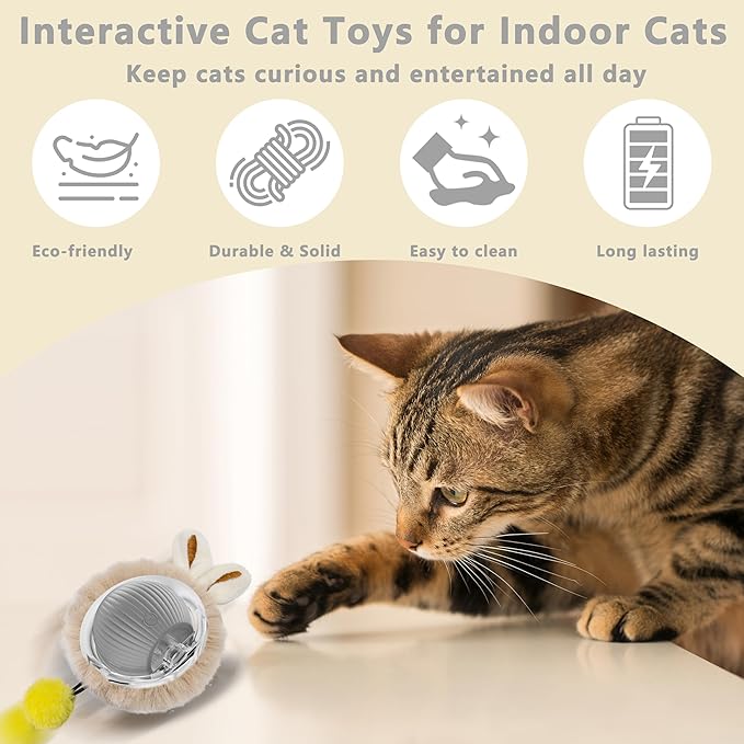 Moving Cat Toy Ball, Automatic Moving Toys for Indoor Cats, Smart Rolling Kitten Toys, Cat Self Rotating Balls with Lights, Recharge Interactive Kittens Balls with USB Cable, Gray