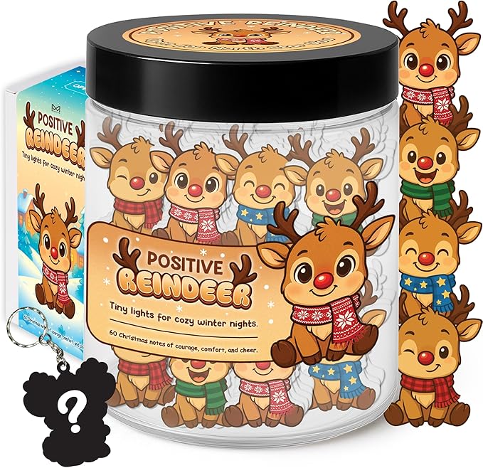 Positive Reindeer Jar, 60 Affirmation Cards for Women, Men, Teens & Coworkers, Christmas White Elephant Gifts for Teens, Women - Men, Mom, Teacher, Sisters, Friends, Teen Girl Gifts Trendy Stuff