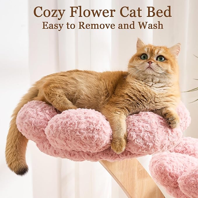 HITTITE Flower Cat Tree with Scratching Post, 48 Inches Cute Cat Tower with Wooden Branch Design, Aesthetic Modern Cat Climbing Tower with Flower Perches and Hanging Toy for Indoor Cats Large Adult.