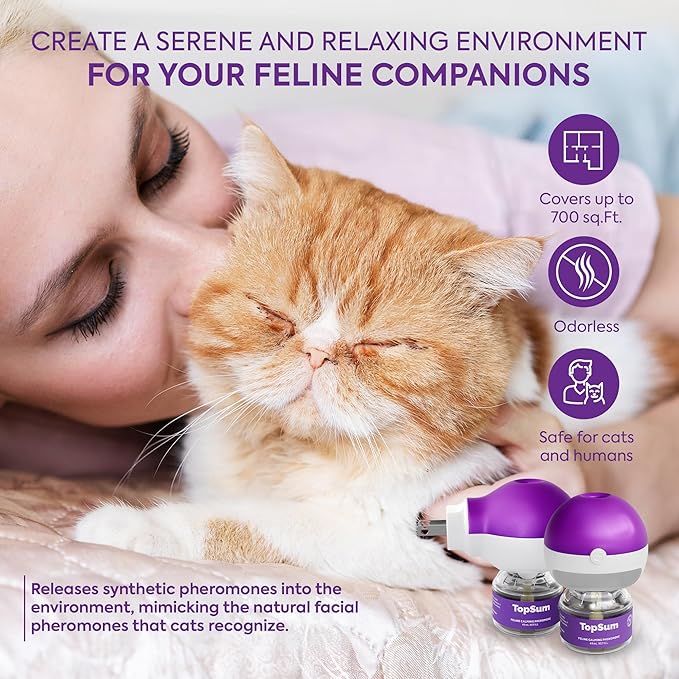 TopSum Cat Calming Pheromone Diffuser: Feline Pheromones Plug in for Stress, Along At Home, Spraying, Fighting, Scratching, Aggression & Excessive Meowing (Purple– 4 Refills Original)