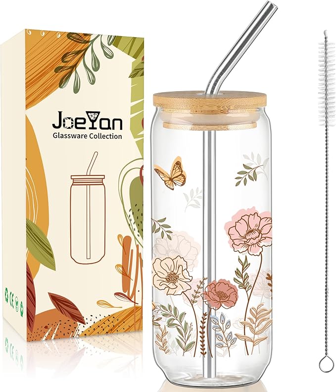 Joeyan Glass Cups with Lids and Straws - 20oz Iced Coffee Cup, Boho Floral Butterfly Glass Tumbler, Aesthetic Drinking Glasses for Smoothie Boba Tea, Birthday Mothers Day Gifts for Women, Mom, Friend