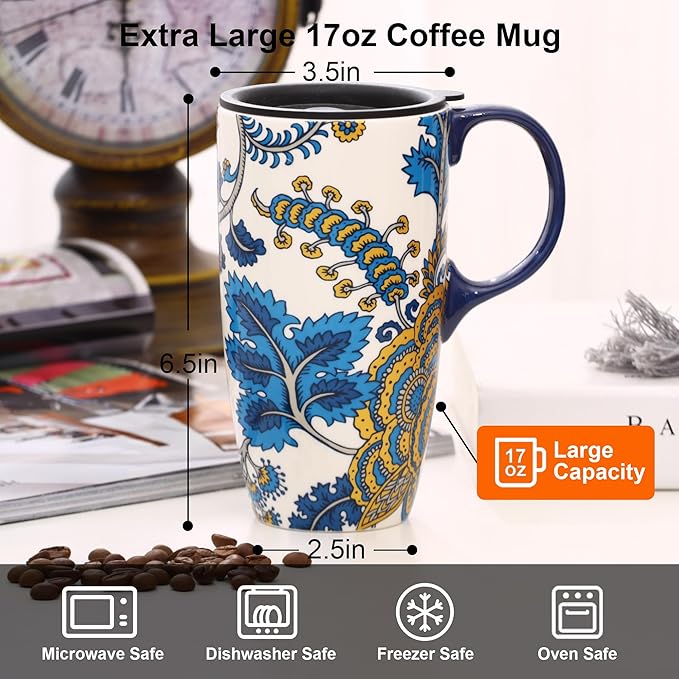 Topadorn Ceramic Mug with Lid and Handle,17oz. Tall Coffee Cup for Home,Party and Birthday,Blue Flower