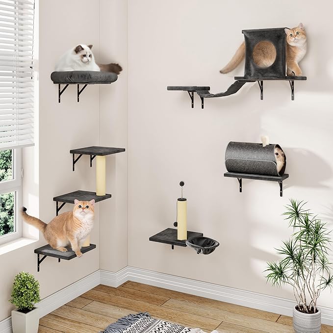 Cat Wall Shelves, 7-in-1 Wall Mounted Cat Climber Set, Indoor Cat Furniture – Includes House, Tunnel, Bridge, Steps, Scratcher, Hammock, Shelves, Dark Gray