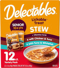 Delectables Lickable Treat Stew Senior 10+ Wet Cat Treat with Real Chicken, Food Topper, Hydrating, Grain-Free, No Fillers, No By-Products, No Added Preservatives, 1.4oz Pouch, 12ct