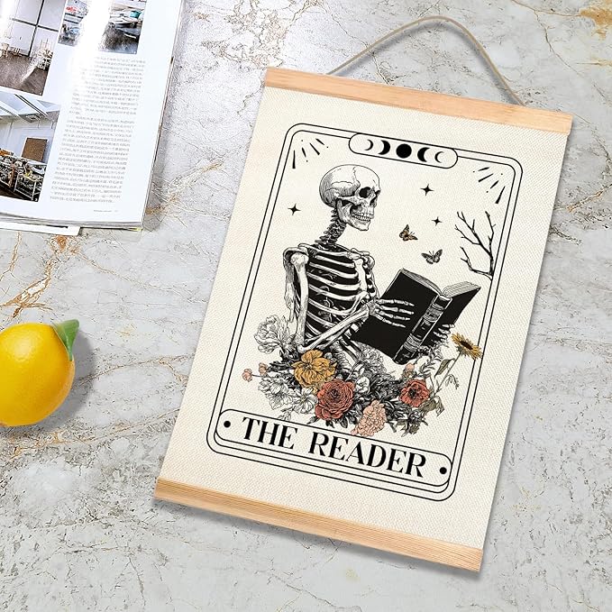 HEYJEEPER The Reader Gothic Skeleton Tarot Card Wall Art Decor, 14x18inch Canvas Wall Hanging Poster wiht Wood Hanger,Reading Wall Decor for Bedroom,or Library (Reader)