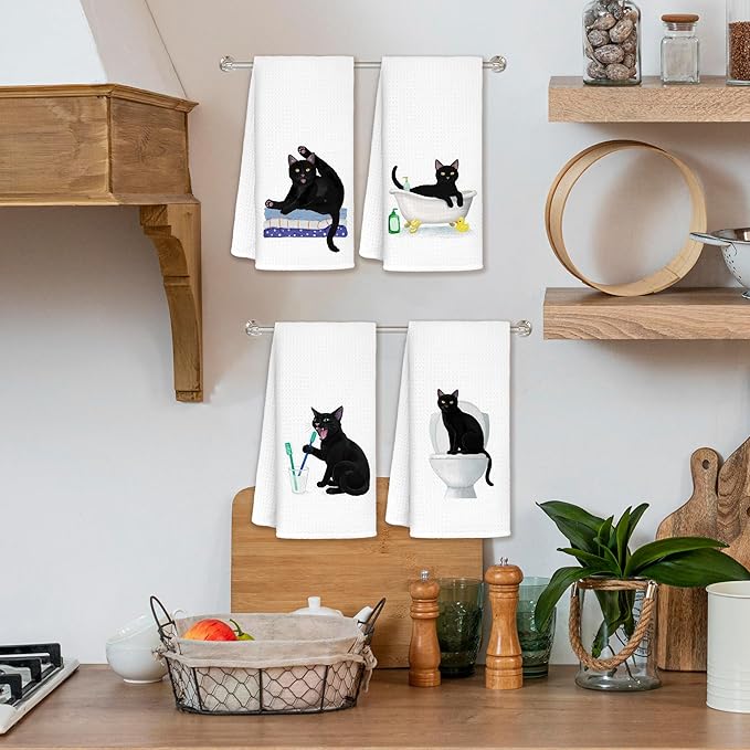 Jvpke Black Cat Hand Towels for Bathroom Set of 4 - Black Cat Decor, Cats Gifts 16x24
