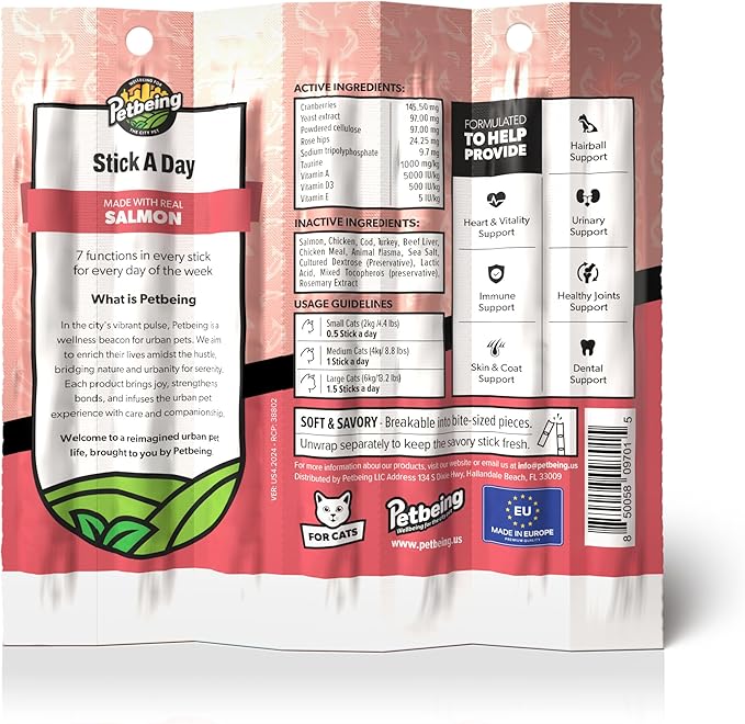 Stick a Day Cats | Specially Formulated 7-in-1 Functions Daily Real Meat Supplement for Cats | Cat Chew Stick & Pet Vitamins Supplements Combination (7-Pack x 4, Salmon)