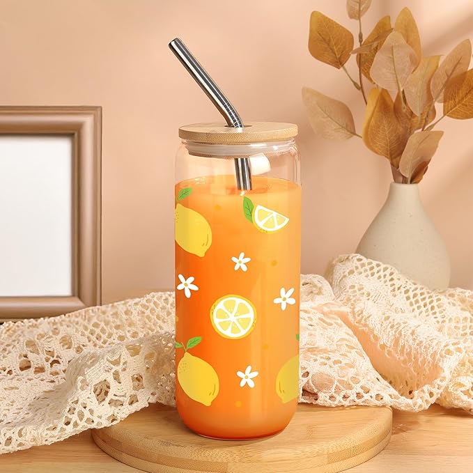 Joeyan Glass Cup with Lid and Straw - 20oz Iced Coffee Cup with Positive Crochet Lemon Doll, Cute Lemon Glass Tumbler for Smoothie Boba Tea, Summer Inspirational Birthday Gifts for Women Her Friend