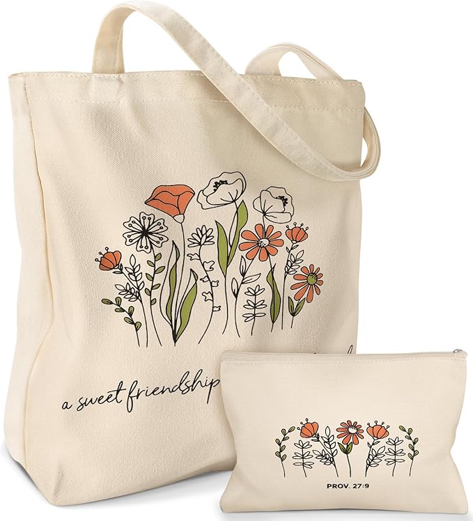 Miss Adola Aesthetic 2 Pack Canvas Tote Bag - with Makeup Zipper Pouch for Women Bag for Shopping, Gym, Travel, Vacation