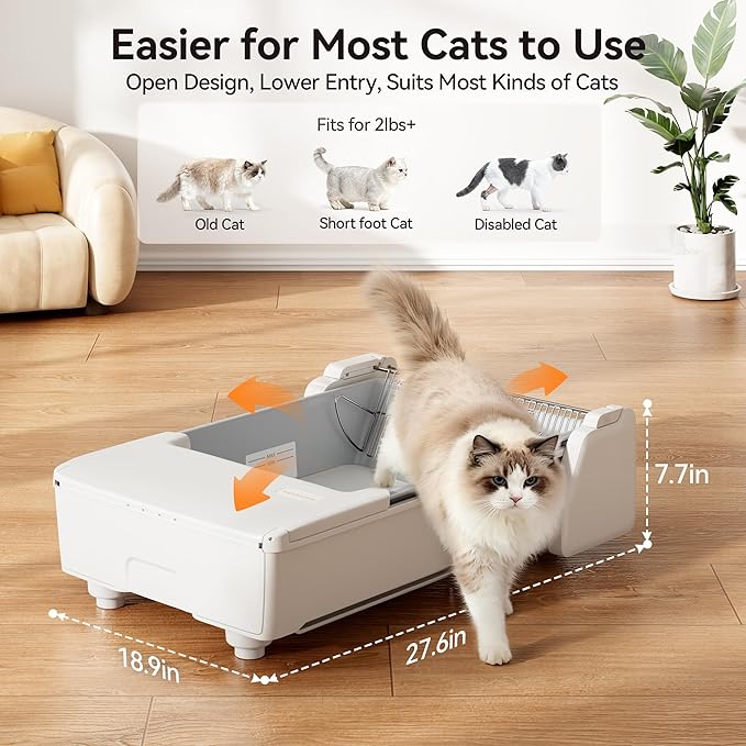 Meowant Self Cleaning Cat Litter Box, Open Top Automatic Litter Box for Multi Cats, Dual Rake, Works with Clumping Litter, Anti Pinch Safe Protection, Odor Control, Easy to Clean, White