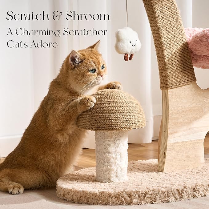 797Audio Flower Cat Tree, 37" Wood Branch Cat Tower, White Cloud Cat Tree with Scratching Post for Indoor Adult Cats, Luxury Cat Tree with Mushroom Cat Scratcher & Interactive Squeaky Toy