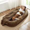 Human Dog Bed for Adult - Luxury Faux Fur Giant Size Dog Bed with Portable Handle, Egg Orthopedic Foam with Blanket, 72"x40"x10", Brown