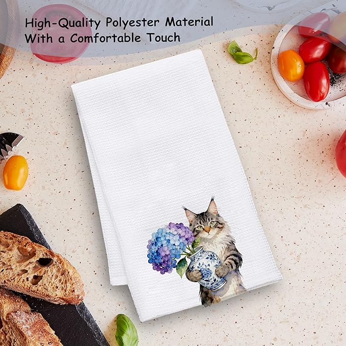 Maine Coon Hydrangea Kitchen Towels, Cat Lovers Mom Gifts Dish Tea Towels for Kitchen Decor, Chinoiserie Porcelain Floral Kitty Decorative Hand Towel Bathroom Decor, 16x24 Inch