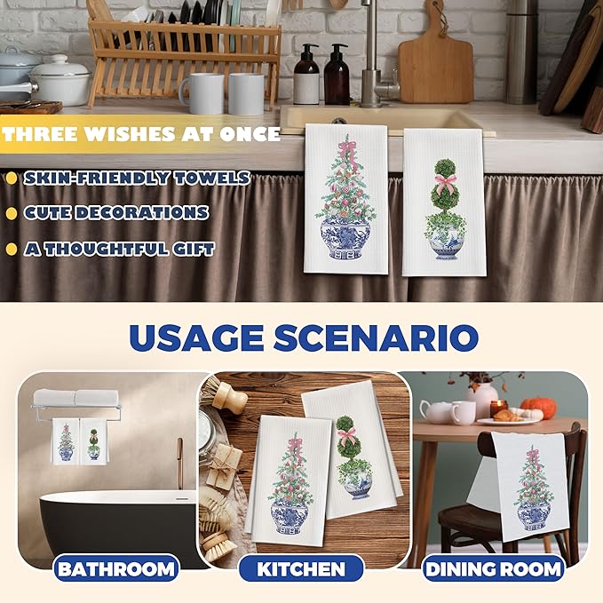 Kitchen Towels Set of 2, Blue and White Porcelain Chinoiserie Dish Towel for Kitchen Bathroom, Pink Bow Decorative Hand Towels, Housewarming for Women Mom Hostess -10