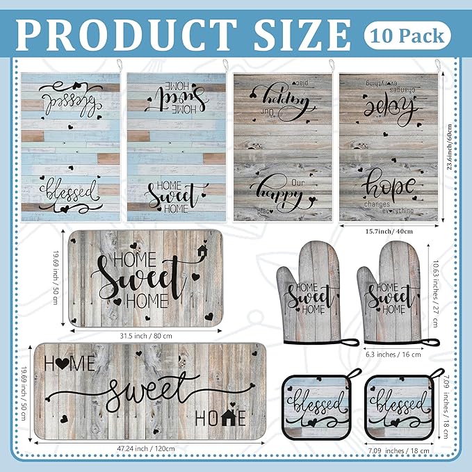 10 Pcs Farmhouse Kitchen Decor and Accessories Set 4 Kitchen Dish Towels 2 Pot Holders 2 Oven Mitts 2 Rugs for Floor Home Decorations Cooking Baking Mom Daughter Gifts Black White Brown